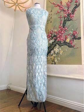 Aidan Mattox Blue Lace Sequin Column Gown Maxi Dress Sleeveless Formal Size S